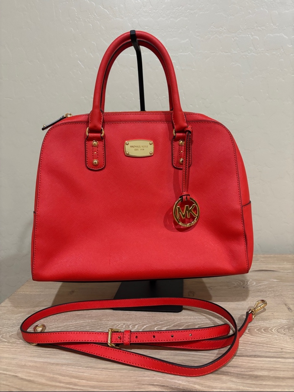 Michael Kors Coral-Red Saffiano Satchel with Gold Hardware